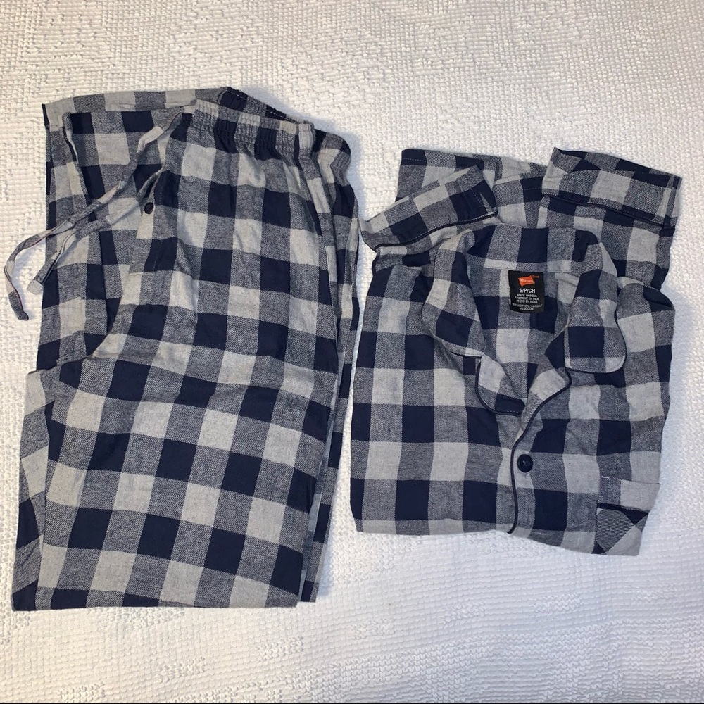 Men’s S HANES Gray Navy Buffalo Plaid 2-PC Flannel Pajama Set Top & Bottoms NEW